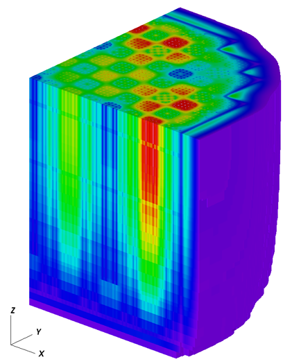 This CASL visualization shows the thermal distribution of neutrons in Watts Bar Unit 1 Cycle 1 reactor core at initial criticality, as calculated by the VERA program. Image courtesy of Oak Ridge National Laboratory.