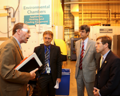 Congressman Chuck Fleischmann (right) toured MAXLAB Tuesday, hosted by (from left) Patrick Hughes, Energy and Environmental Sciences ALD Martin Keller and Lab Director Thom Mason.