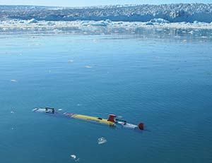 An unmanned, autonomous underwater vehicle surveys a fjord in western Greenland. ORNL researchers are working with the Navy to automate analysis of sonar data. Photo: Woods Hole Oceanographic Institution (A.Kukulya).