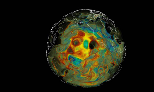 Supercomputer simulations enable researchers to address the most challenging problems in diverse scientific arenas. Pictured is a volume rendering of shear-wave perturbations computed in the seismology simulation code SPECFEM3D_GLOBE. Image by Dave Pugmire.