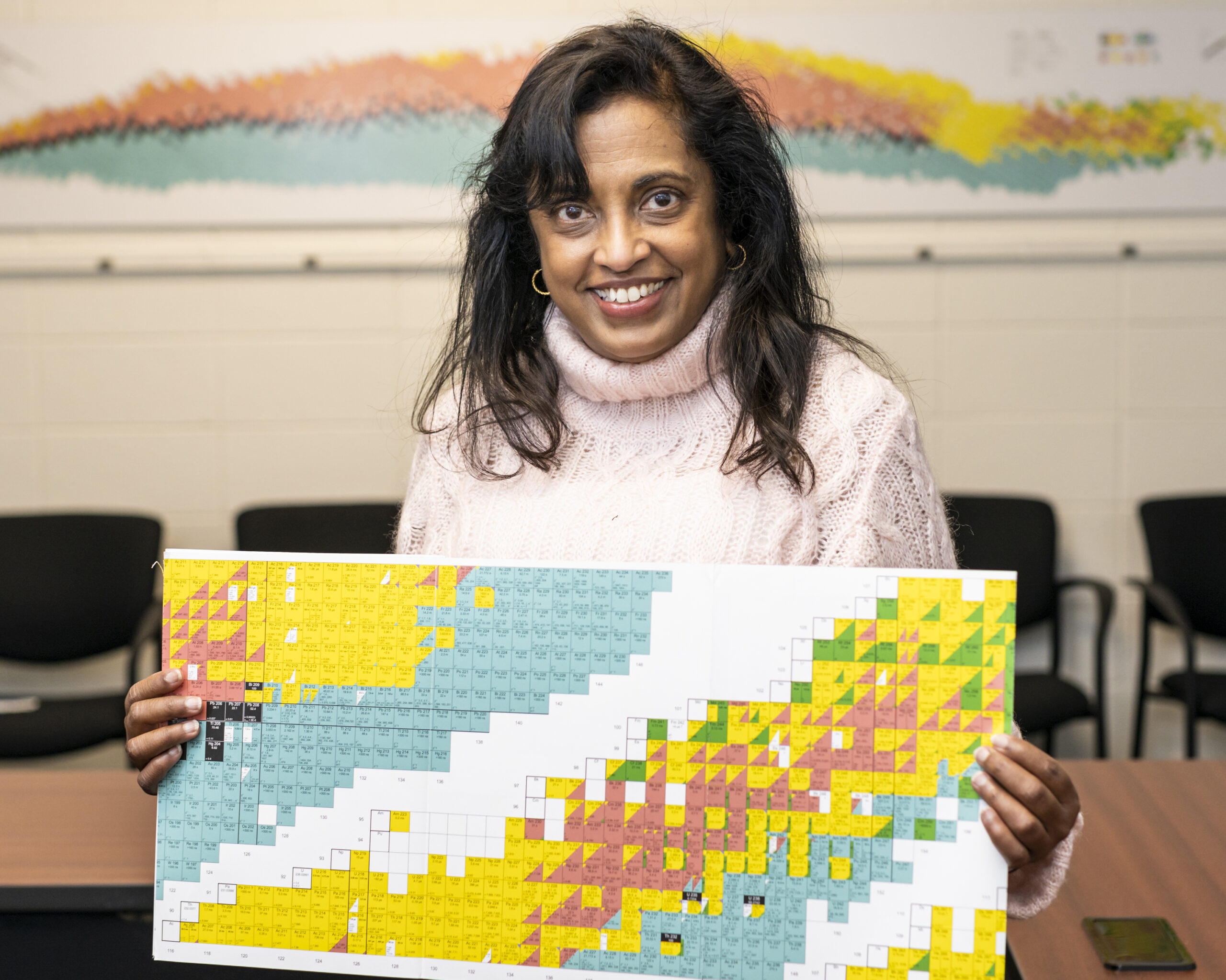 Nesaraja, holding a nuclide chart, does stringent evaluations consequential for calculating decay heat in reactors, element creation in stars and effective doses of medical isotopes. Credit: Carlos Jones/ORNL, U.S. Dept. of Energy