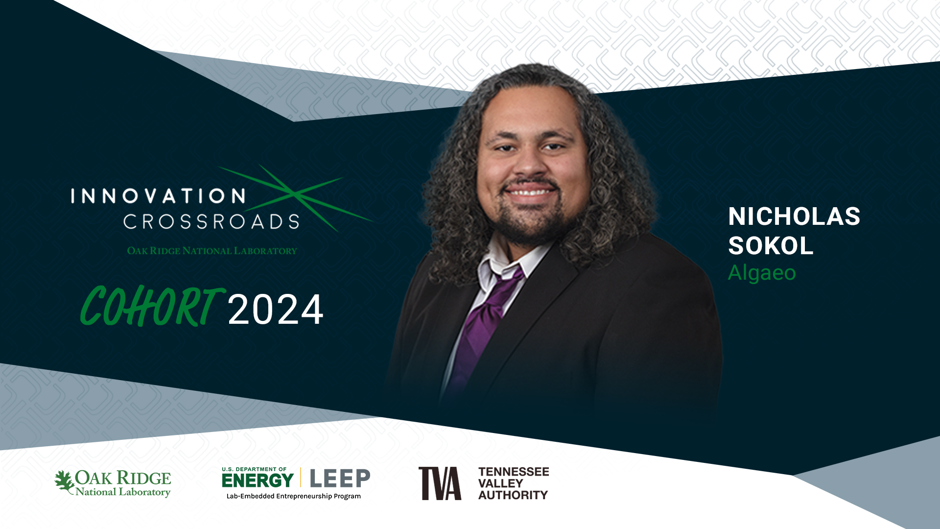 The graphic shows the headshot of Nick Sokol, with text overlay saying "Innovations Crossroads Cohort 2024"