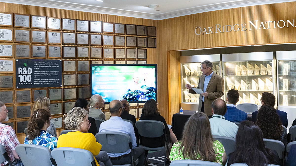 Mike Paulus, ORNL Partnerships director, gives remarks during a licensing event for Element3 on May 3, 2024, at the laboratory. Credit: Carlos Jones/ORNL, U.S. Dept. of Energy