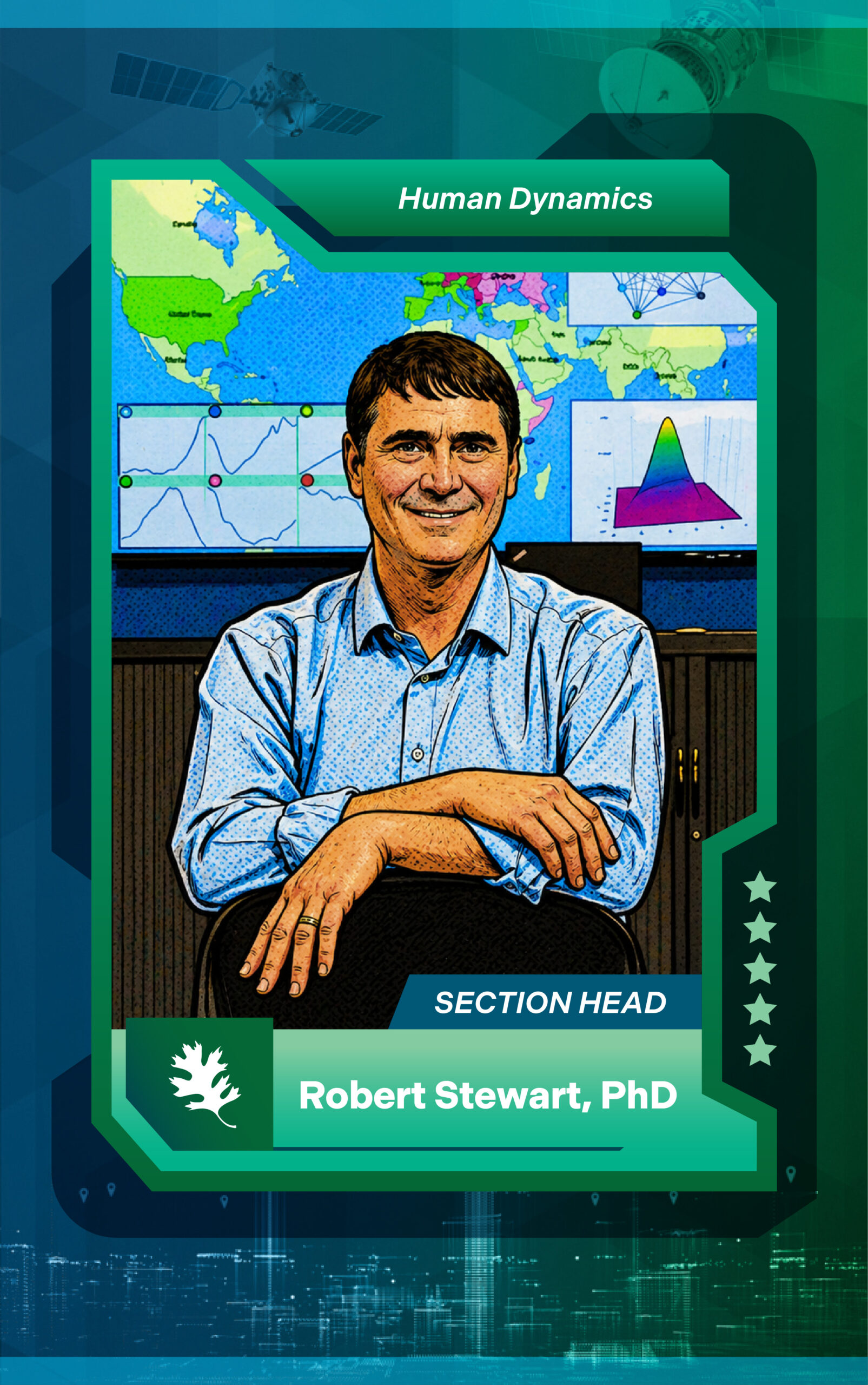 Stylized trading-card portrait of Robert Stewart, PhD, seated in front of world maps and data visualizations, labeled “Human Dynamics.”