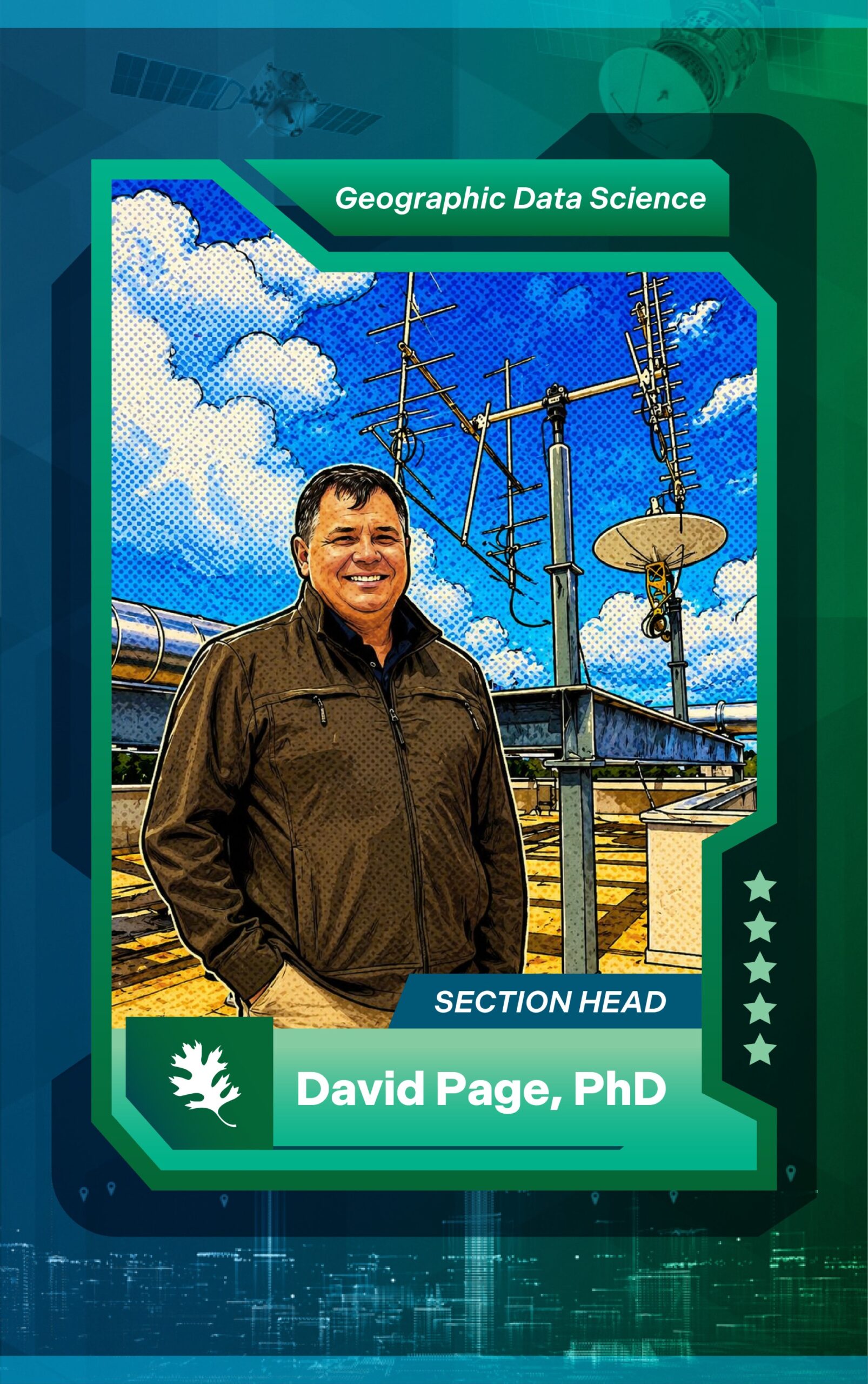 Stylized trading-card graphic of David Page, PhD, labeled “Geographic Data Science,” featuring an illustrated portrait with antennas and equipment in the background.