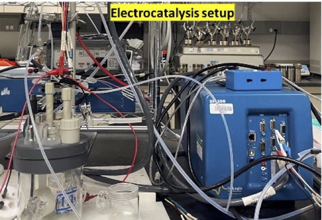 A machine with many wires labeled "electrocatalysis setup"