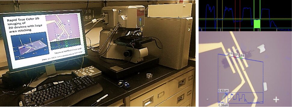 A computer set up next to a microscope, with an image showing the field to the right