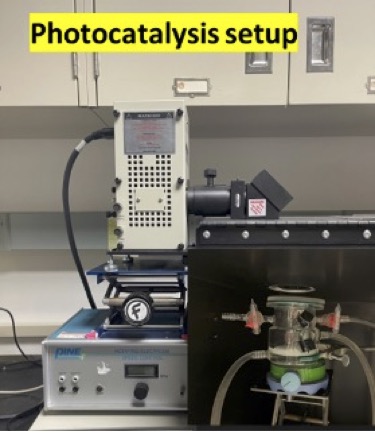 series of interconnected tabletop machines labeled "Photocatalysis setup"