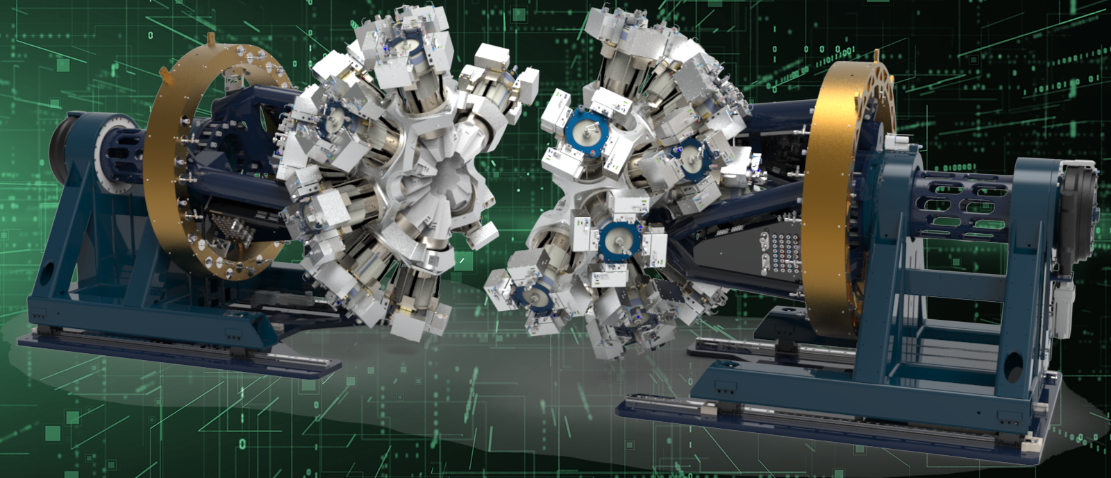 Illustration of the GRETA detector, a spherical array of metal cylinders. The detector is divided into two halves to show the inside of the machine. Both halves are attached to metal harnesses, displayed against a black and green cyber-themed background.