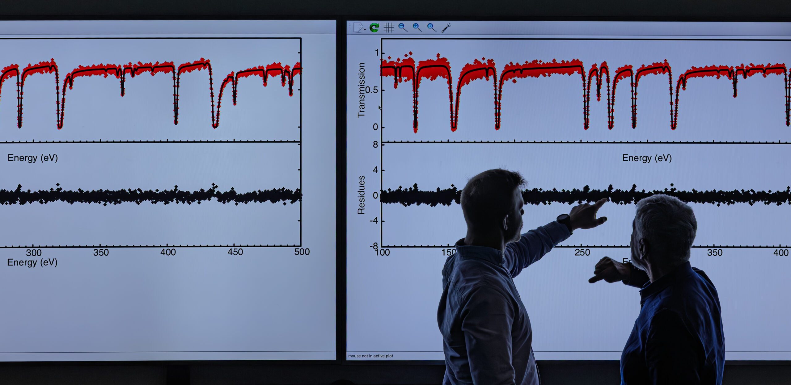 Two researchers analyze spectroscopy graphs on large digital displays in a laboratory setting.