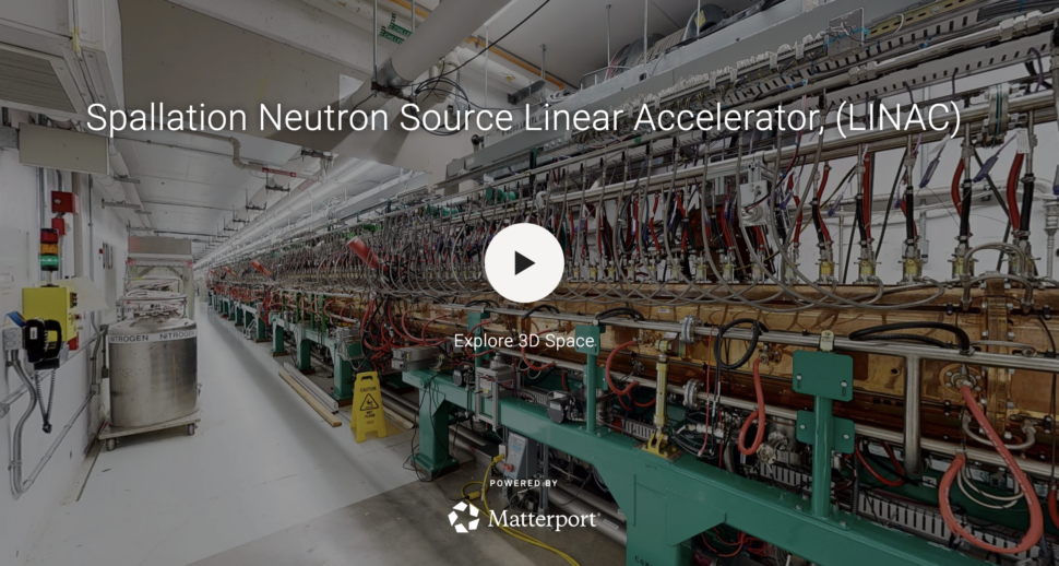 Landing page for a virtual tour of the Spallation Neutron Source (SNS) Linear Accelerator (LINAC). A long accelerator beamline fills the right side of the image, with copper-colored components, green support frames, stainless steel piping, and dense bundles of red, black, and blue cables extending into the distance. A white maintenance corridor runs along the left side, where nitrogen cylinders, a wall-mounted phone, emergency equipment, and overhead utilities are visible. Large overlay text reads “Spallation Neutron Source Linear Accelerator (LINAC)” above a central play button labeled “Explore 3D Space,” with a Matterport logo at the bottom indicating the tour platform.
