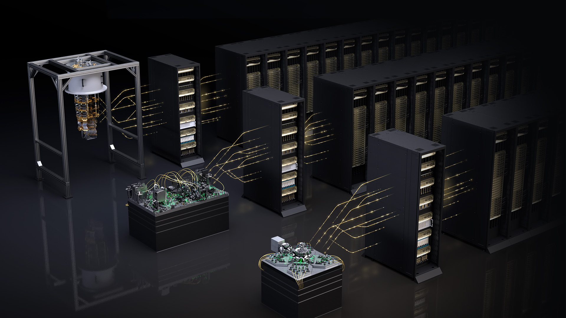 A visualization showing a quantum computing system connected to classical supercomputing infrastructure. On the left, a cryogenic quantum processor is suspended within a metal frame, linked by golden cables to nearby electronics and control units. These control units are connected to several large black server racks on the right, representing a hybrid quantum–classical computing environment. The image highlights the data flow and integration between quantum hardware and classical computing resources.