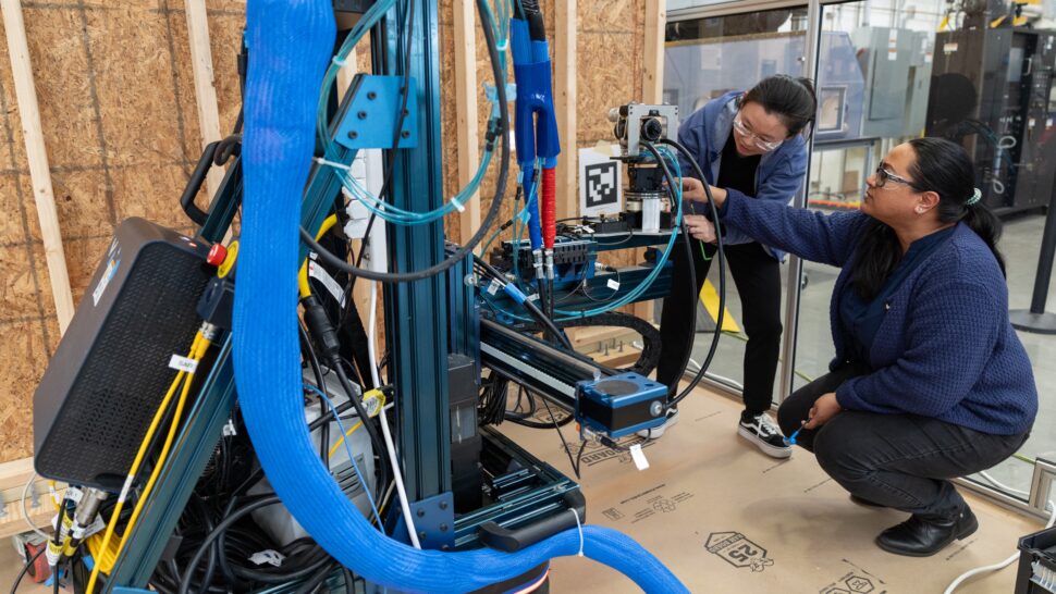 Buildings and manufacturing researchers collaborated to build a prototype spray foam robot that enables rapid installation.