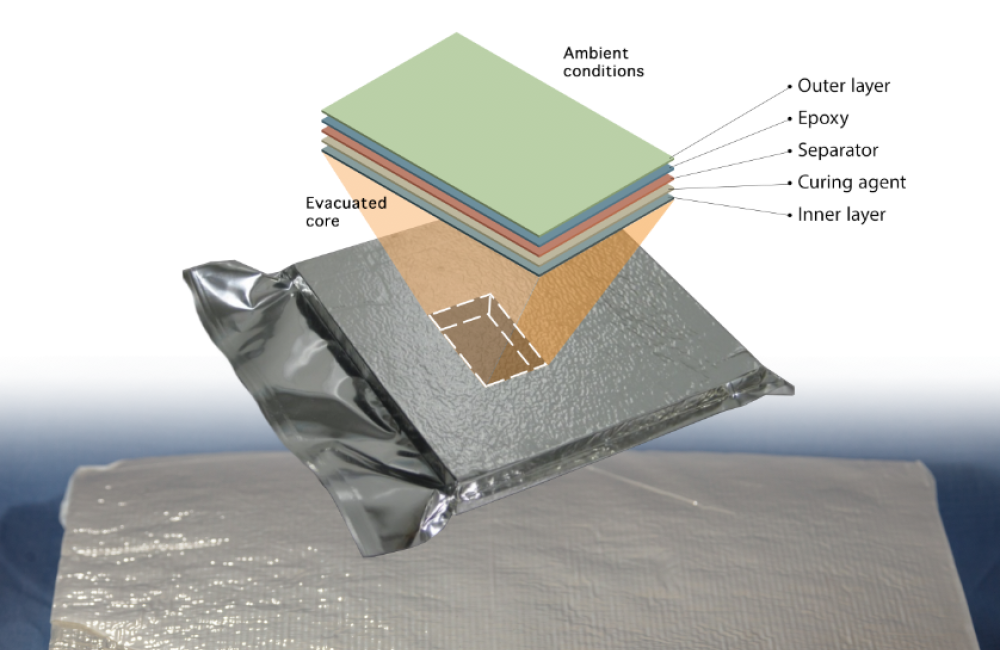 A graphic depicts the several layers of a newly developed building material.