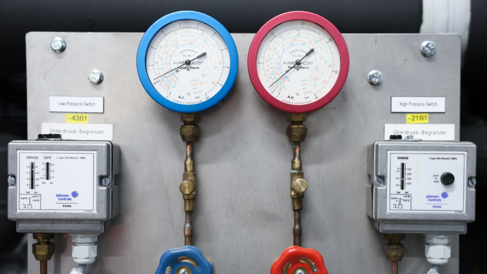 A High Temperature Heat Pump, chiller and testing components in a research shed on the Building Technologies Research and Integration Center (BTRIC) campus.