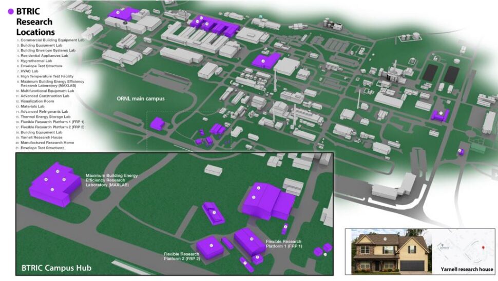 An overhead view of Oak Ridge National Laboratory's main campus research locations for Building Technologies Research and Innovation.