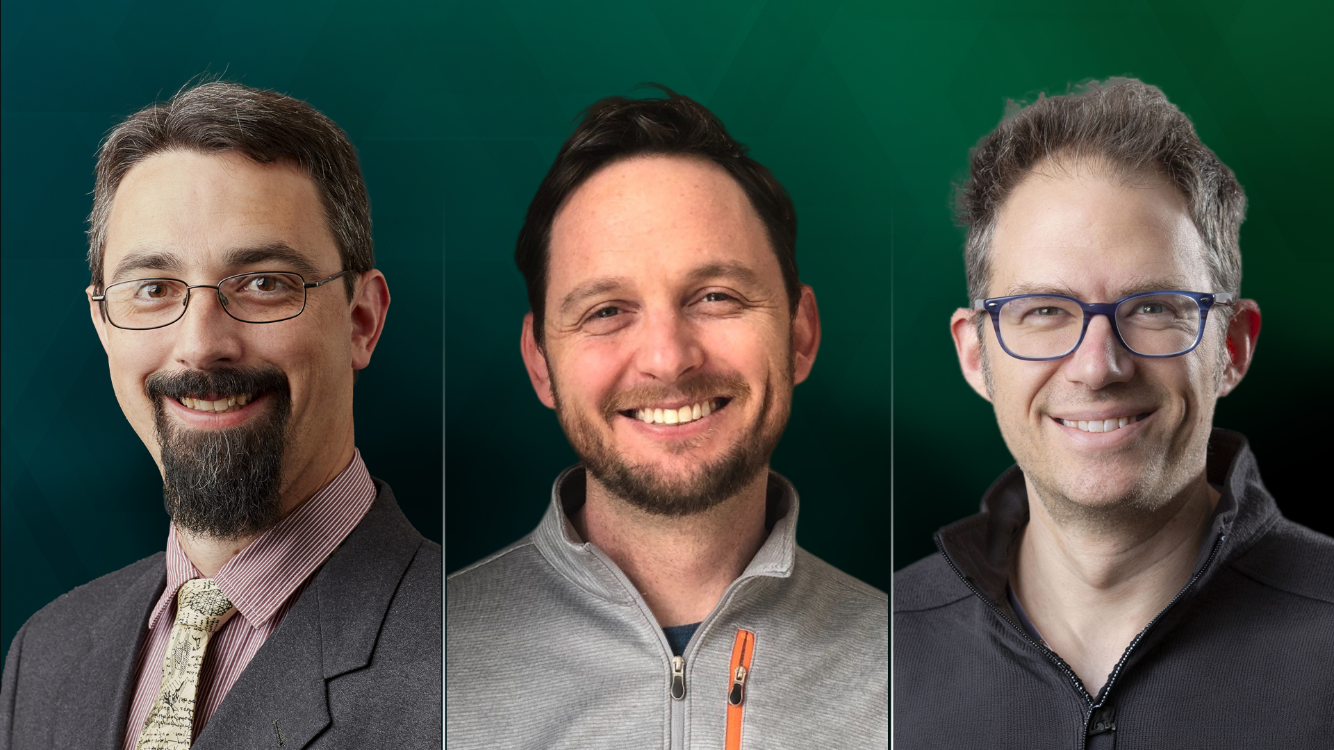 Three headshots of Adam Guss, John Lovell and Dan Olson, newly appointed team leads for ORNL's Center for Bioenergy Innovation.