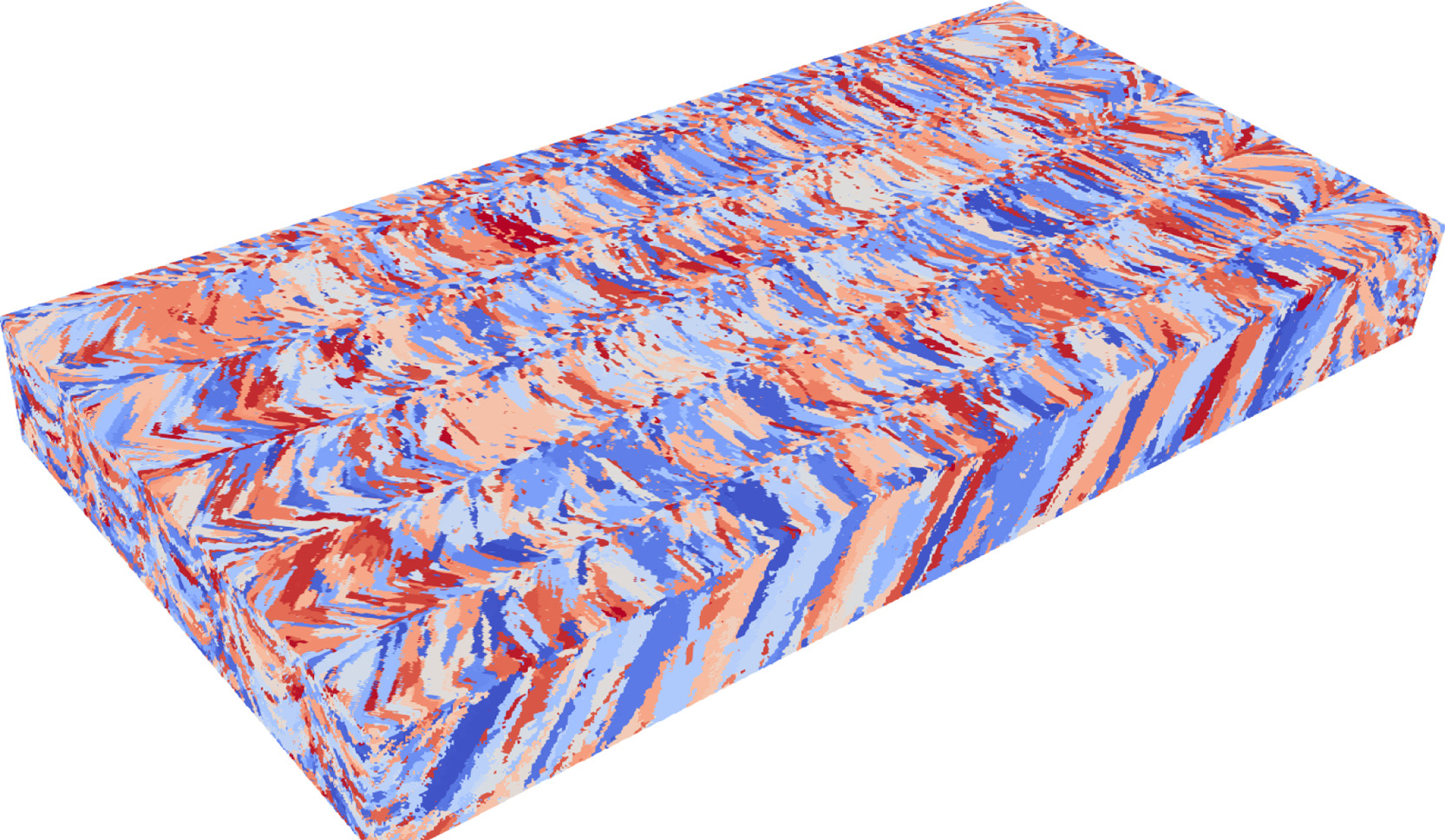 3D rendering of a rectangular material sample with blue, peach, orange and red striations showing complex internal grain or microstructure patterns.