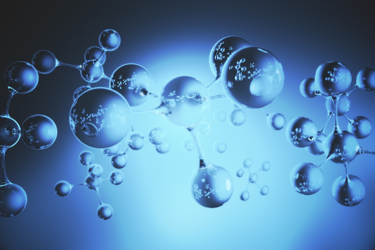 A molecular structure is rendered in transparent blue tones against a light blue background. Image from Envato