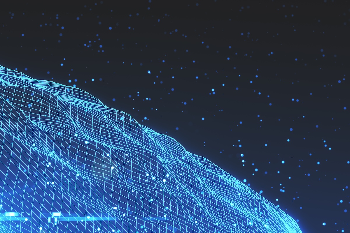 Abstract visualization of a technology grid against a black background speckled with bright blue sparks. The effect is that of a three-dimensional elevation map of glowing blue set against the night sky. Image from Envato
