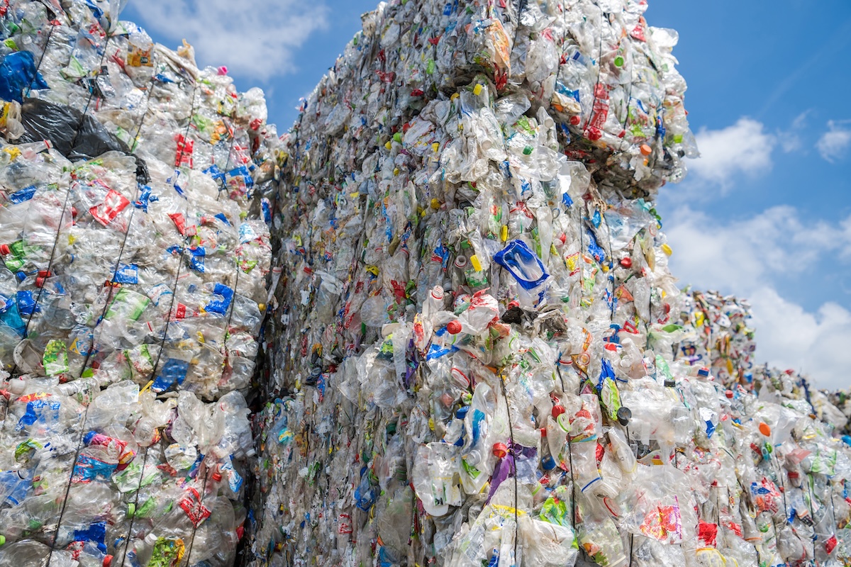 Collected and compacted plastic PET bottles. Image from Envato.
