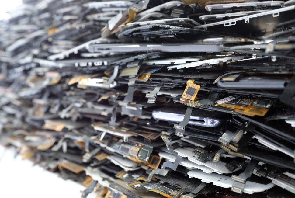 A dense, chaotic pile of discarded cell phones and various electronic components fills the frame, creating a scene of technological waste. The composition showcases the inner workings of phones with exposed circuit boards, wires, and other delicate parts all jumbled together. Image from Envato