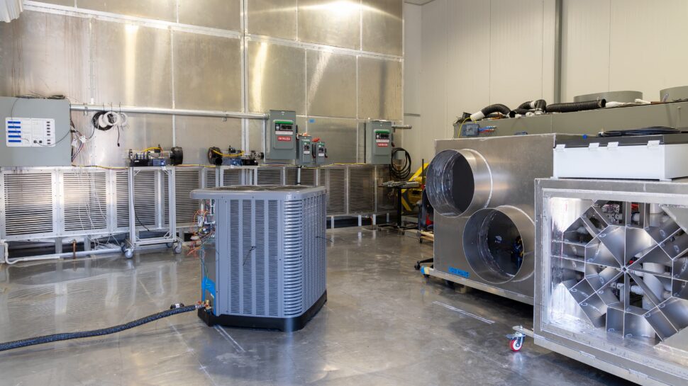 Advanced heating, ventilation and air conditioning (HVAC) test systems are staged in a laboratory in Building 3144 at Oak Ridge National Laboratory.