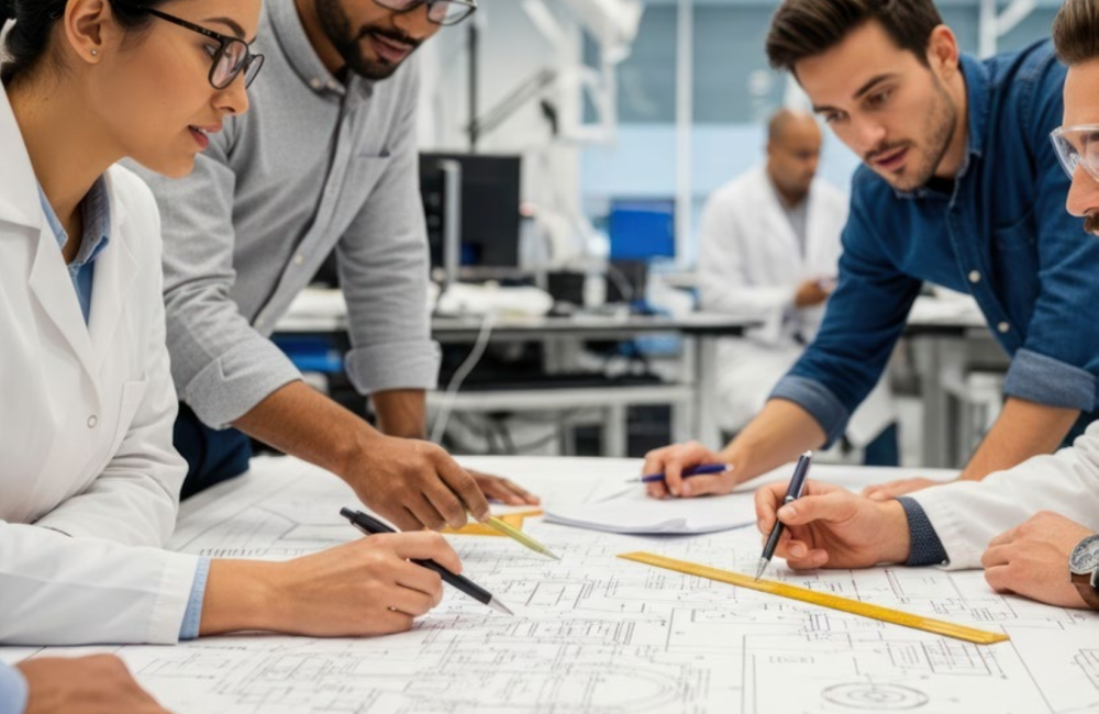 A group of people work together over an illustrated sketch on a table.