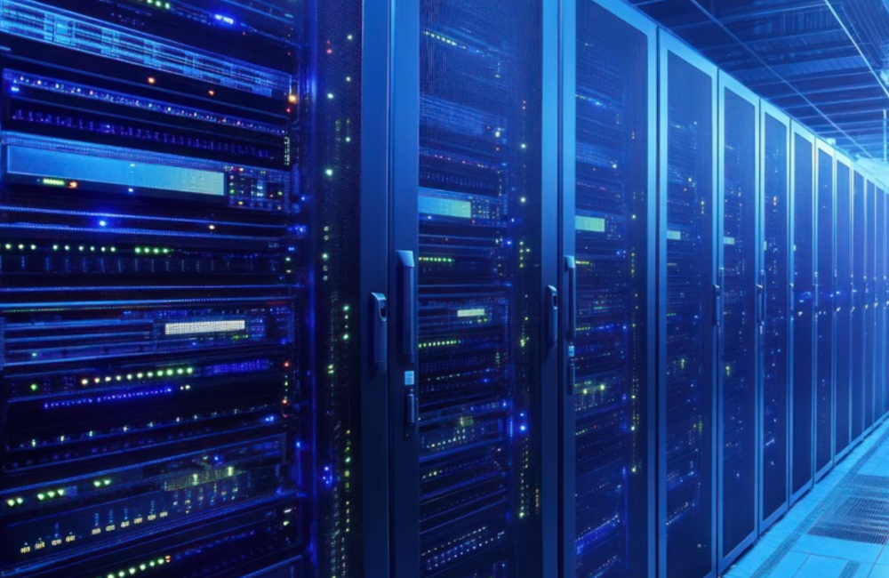 A row of server racks in a data center facility.