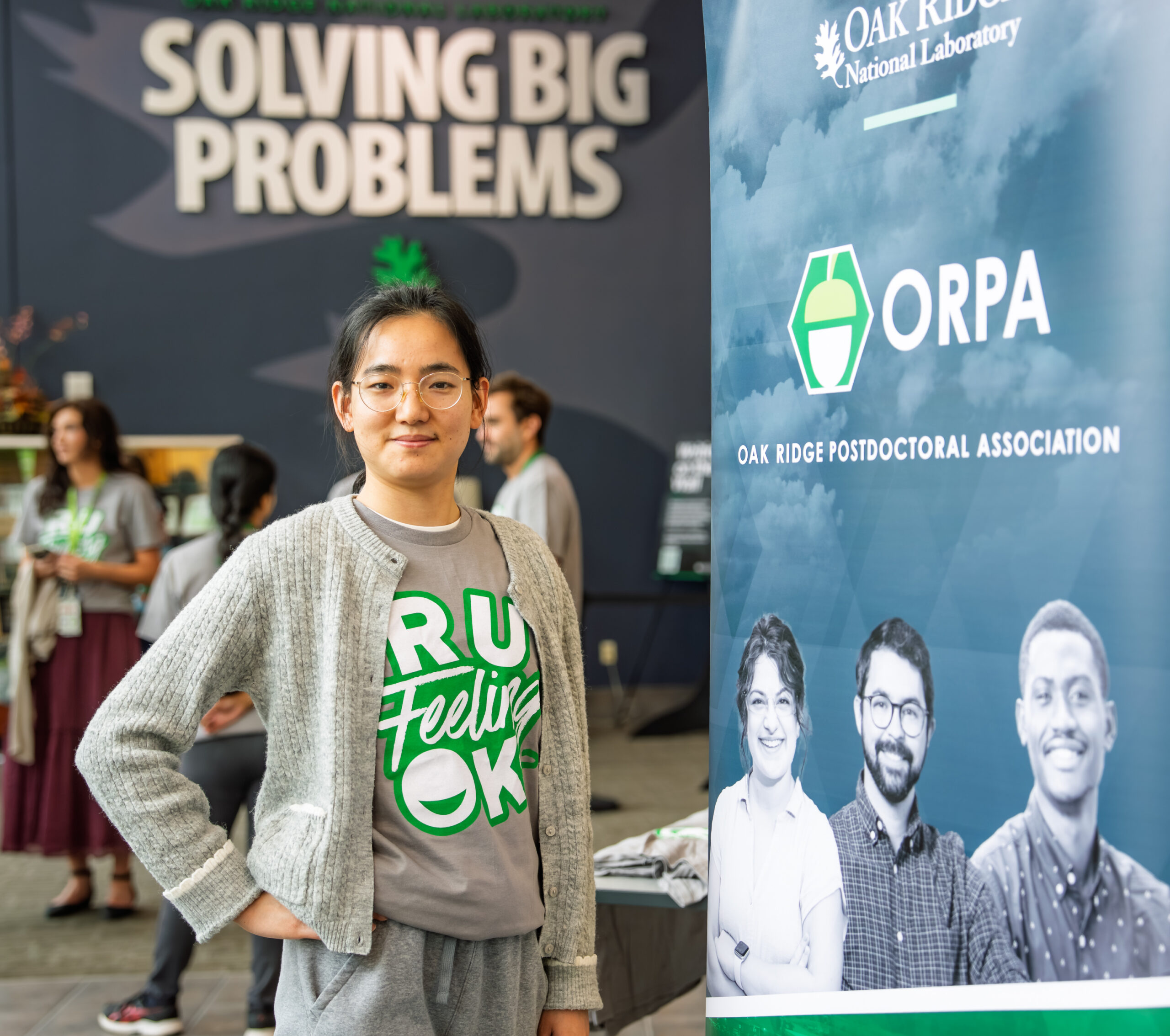 ORNL postdoctoral researchers and laboratory leadership gather on the ORNL Quad during the RU Feeling OK mental health awareness event.