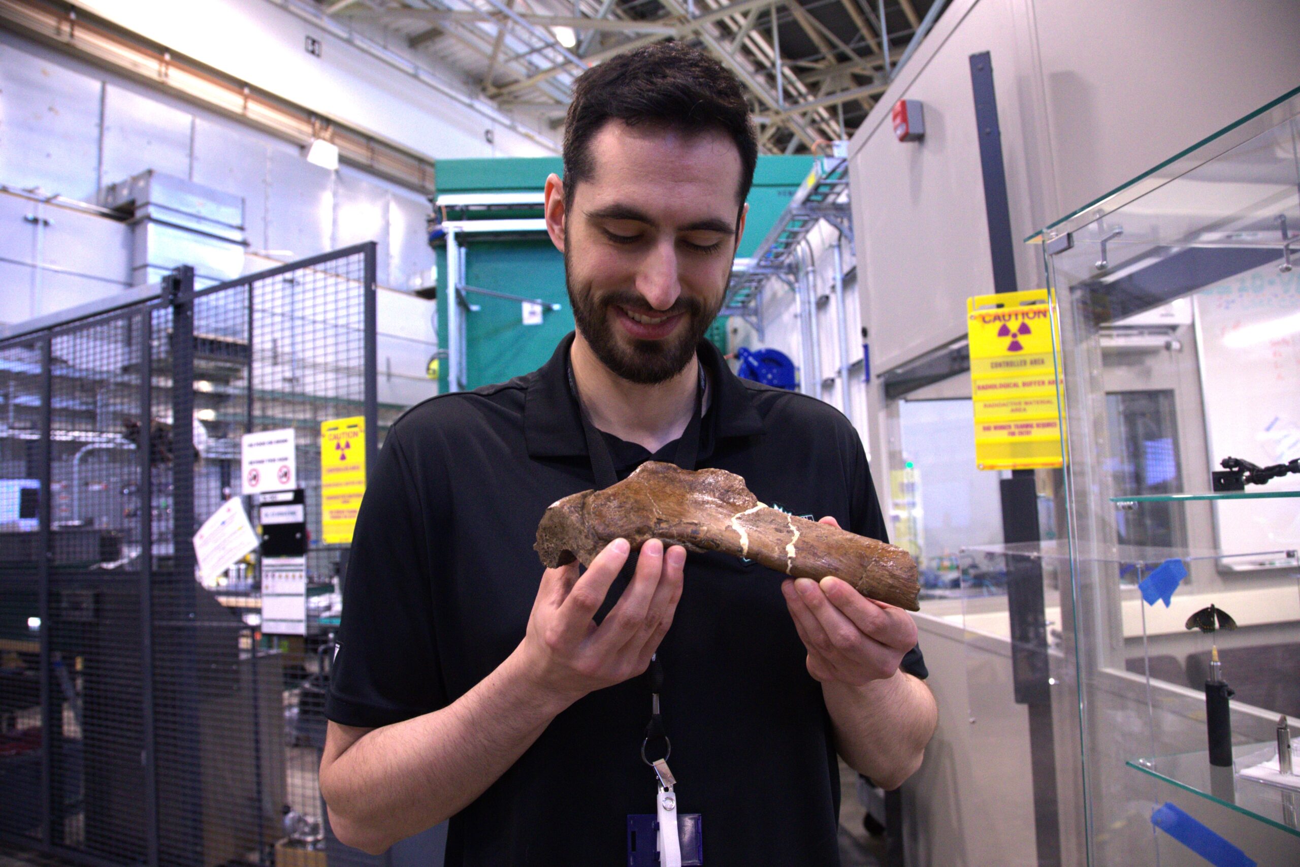 Researcher looking at a dino bone