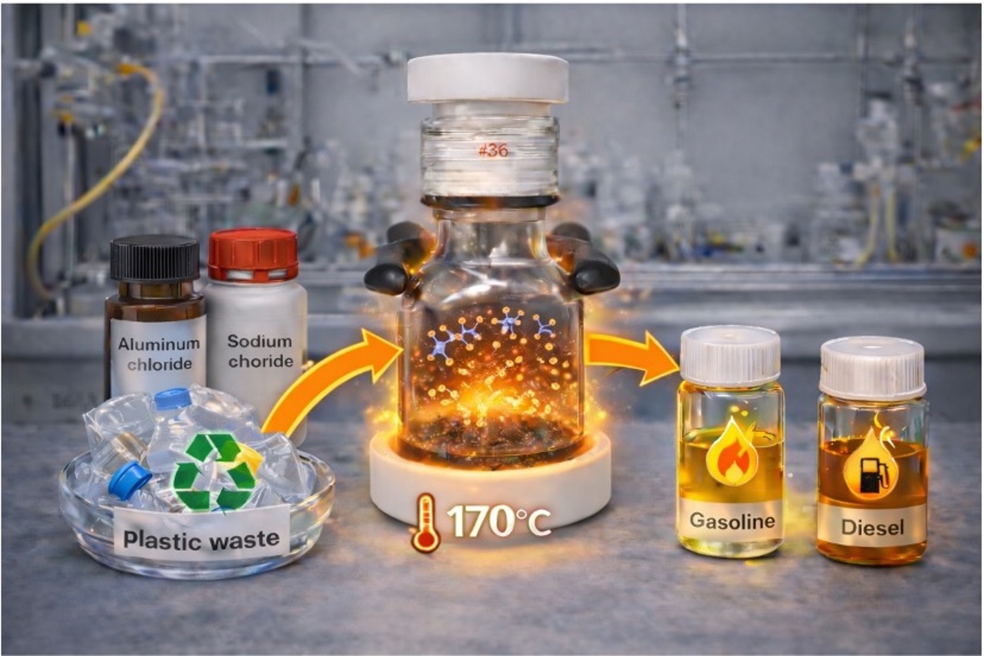 Plastic waste is converted into gasoline and diesel using molten salts at 170°C.