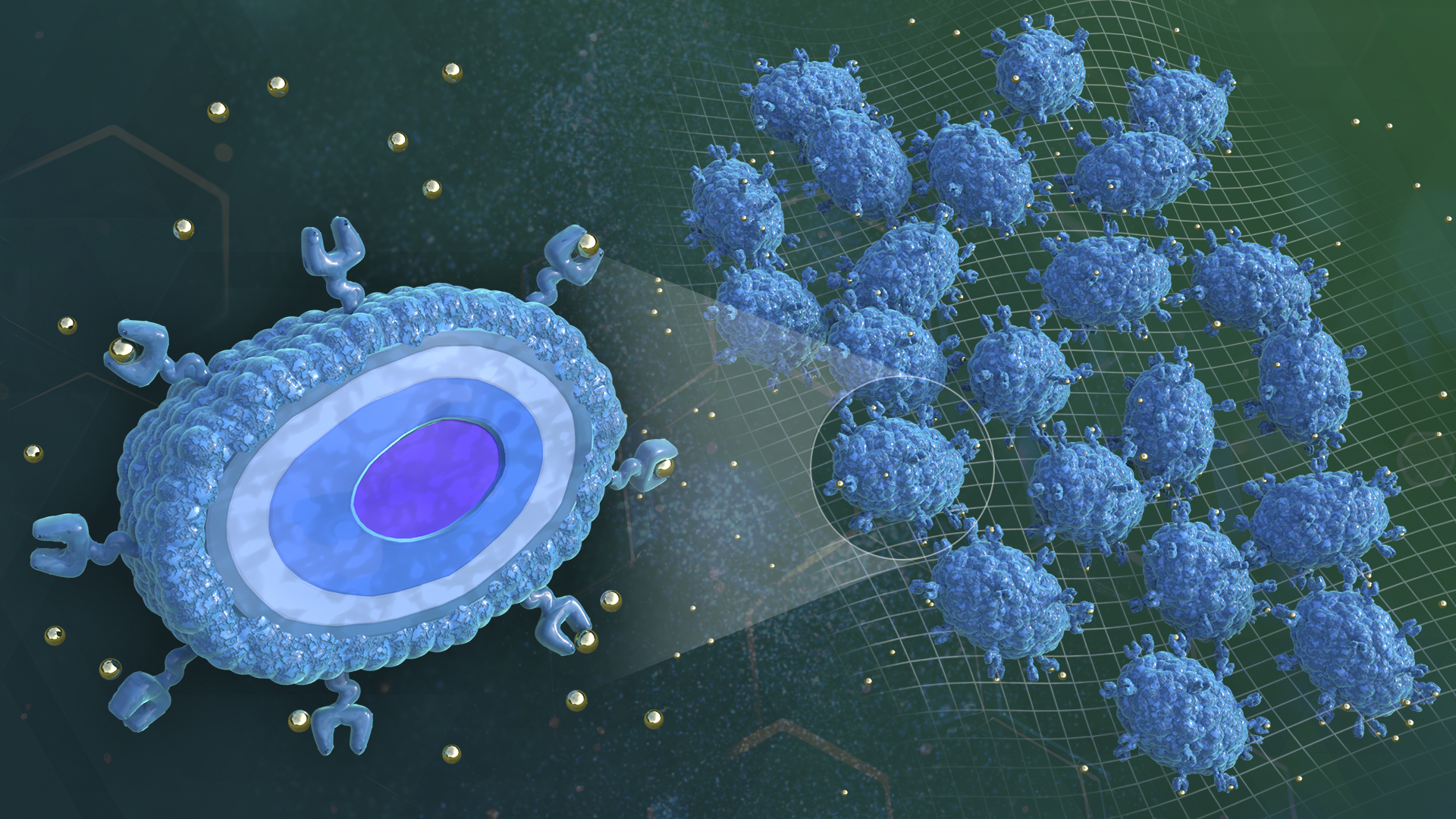 Illustration of cells interacting with particles at the molecular level.